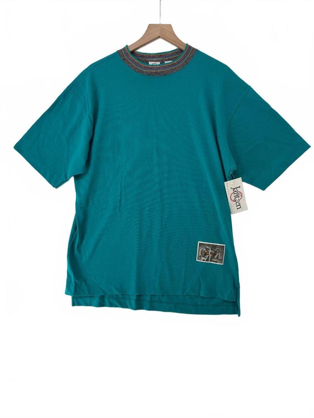 Vintage Jantzen T Shirt L Sea Jade Teal Photo Patch Striped Collar NWT 90s